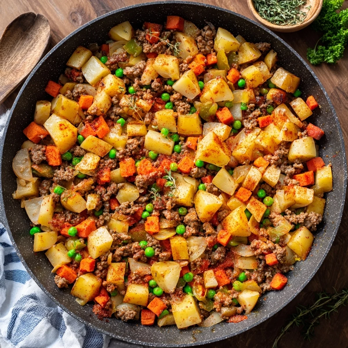 Comforting one pan ground beef and potatoes dinner featuring tender russet potatoes and savory seasoned meat