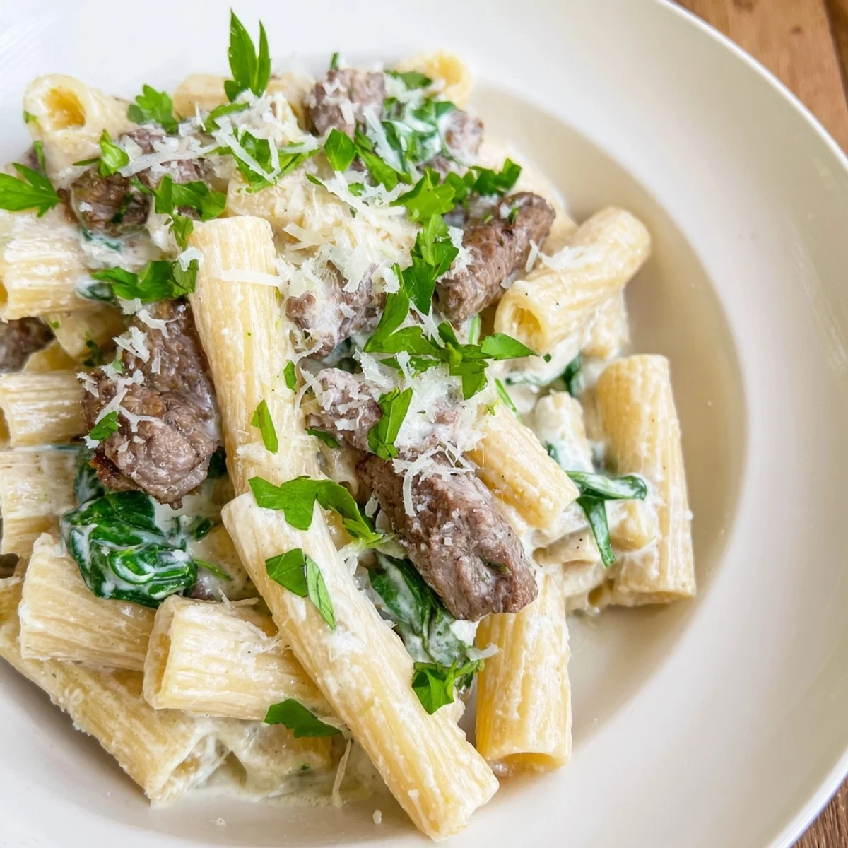 Creamy high protein beef pasta with tender sliced steak in a rich white sauce over whole wheat noodles garnished with fresh parsley