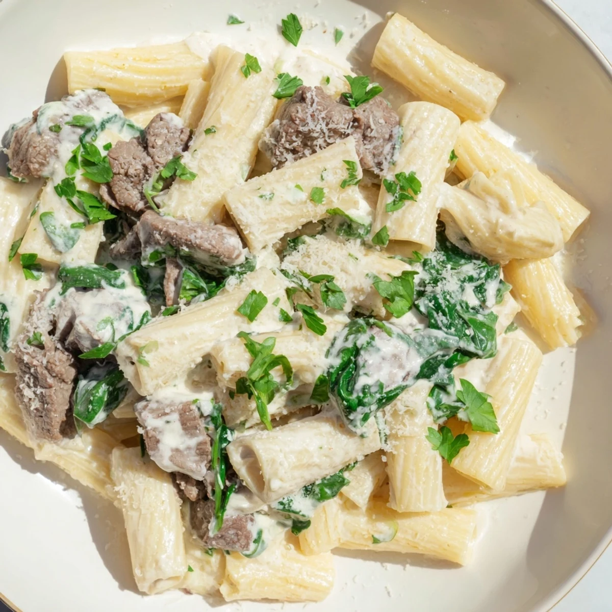Savory creamy high protein beef pasta dish topped with grated Parmesan and chopped herbs showcasing a hearty nutritious main course