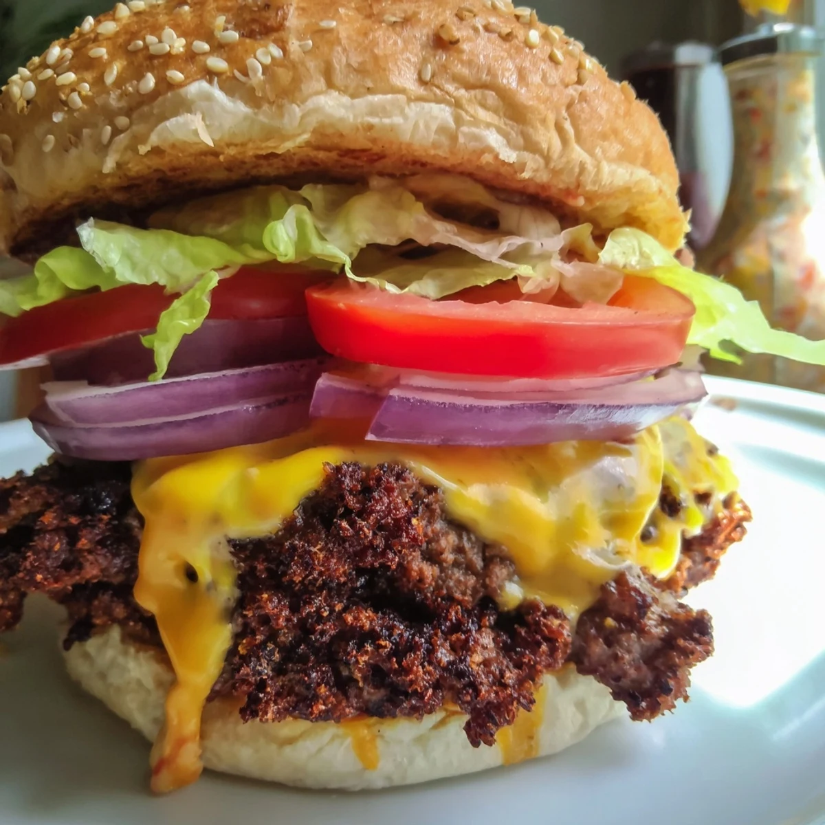Homemade American smash burger featuring beef patty with golden brown crispy edges