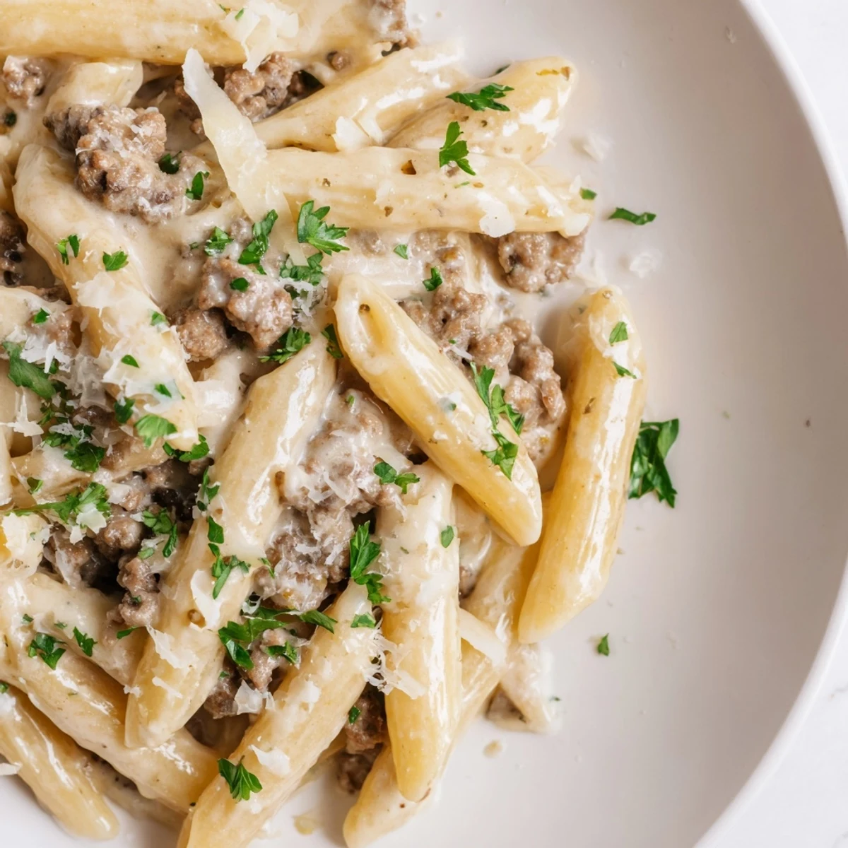 Creamy beef pasta featuring tender ground beef coated in rich white sauce with parmesan