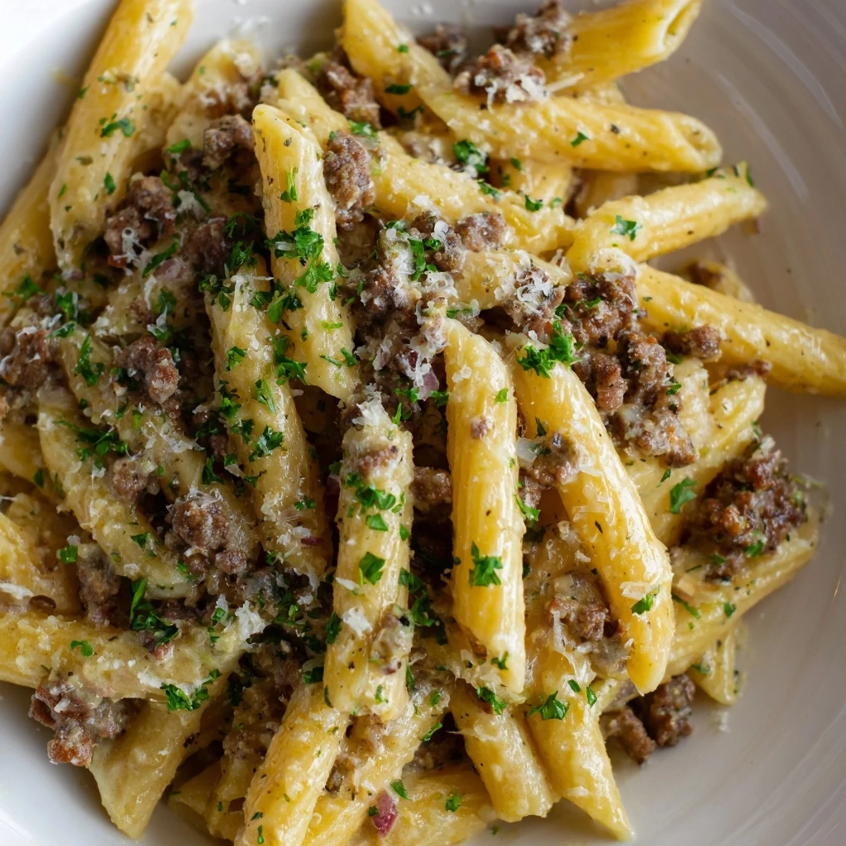 Hearty creamy beef pasta bowl garnished with fresh parsley and extra grated parmesan cheese