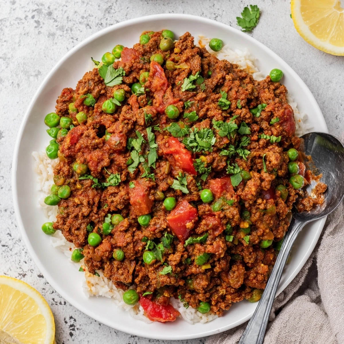 Savory Keema Curry with ground beef, tender peas, and aromatic spices served steaming hot over fluffy white rice