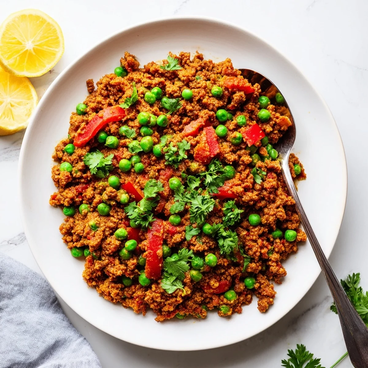 Rich Indian Keema Curry featuring spiced ground beef and vibrant green peas garnished with fresh cilantro