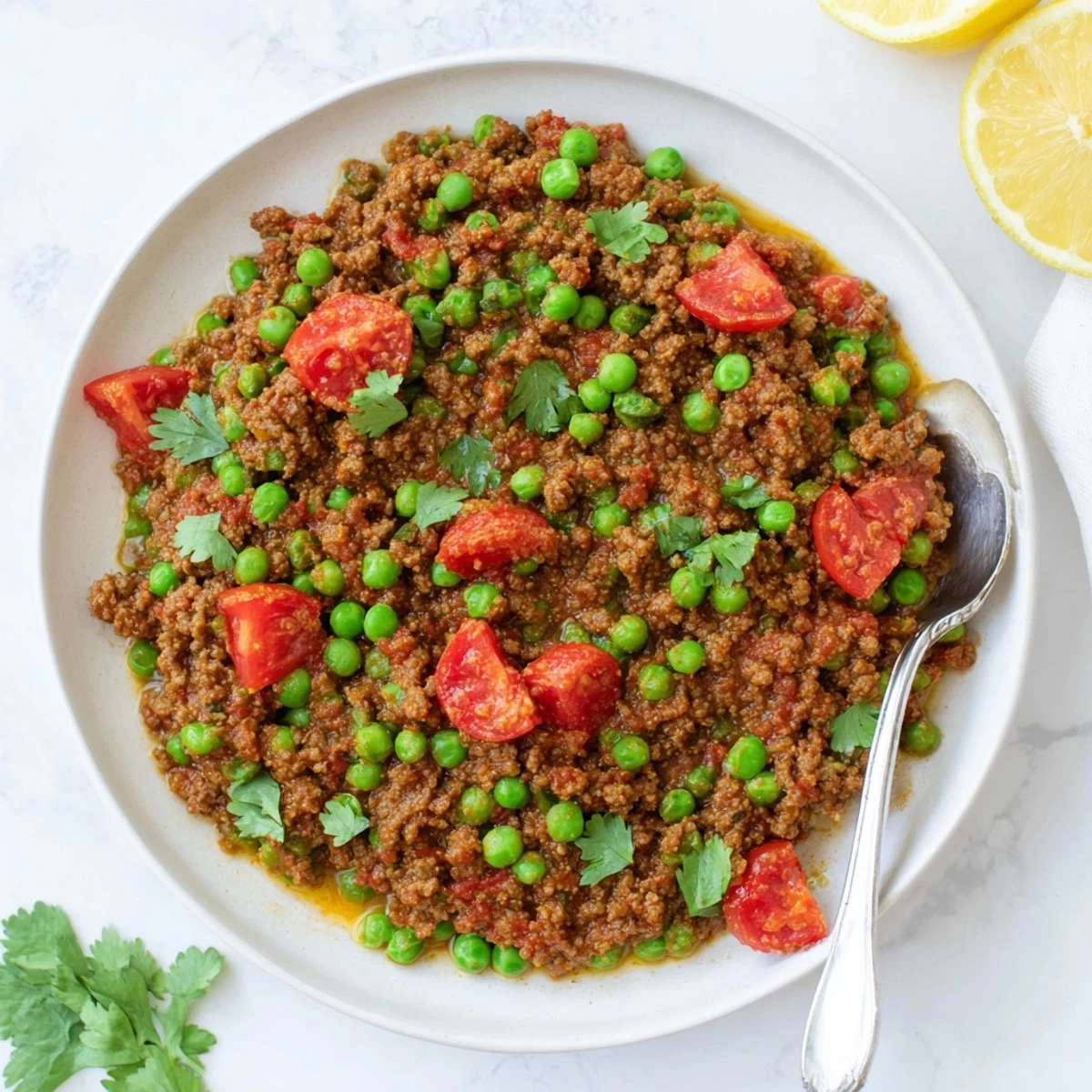 Homemade Keema Curry bubbling in a skillet with juicy ground meat, tomatoes, and peas for an easy weeknight dinner