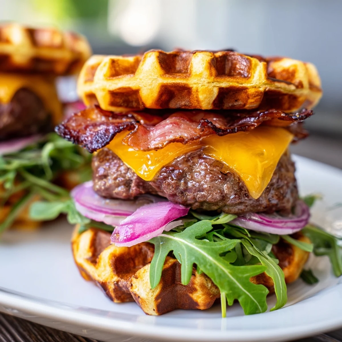 Golden waffle sandwich stacked with juicy beef patty, crispy maple bacon, melted cheddar, peppery arugula on plate