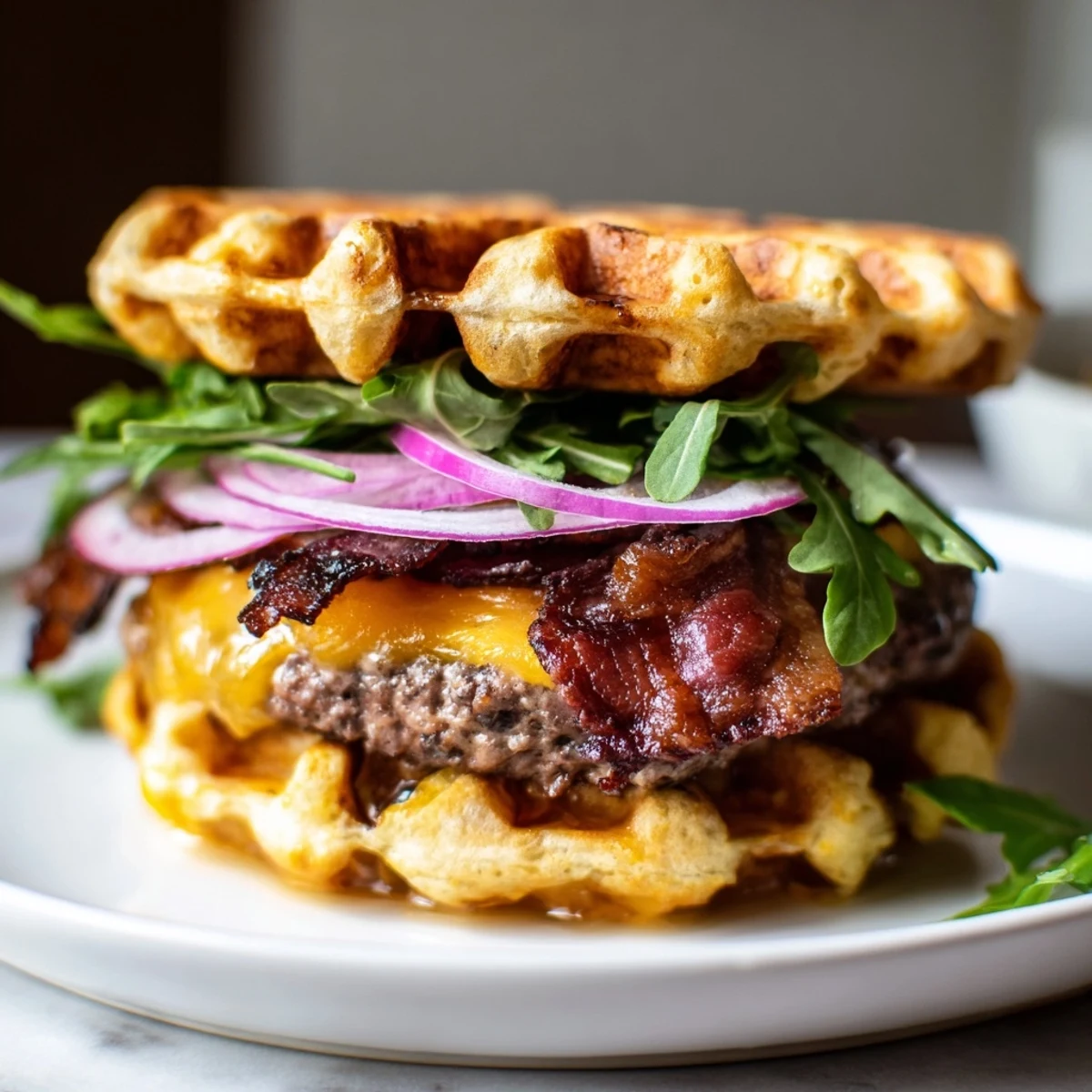Savory maple bacon waffle burger cut in half revealing layers of cheese, red onion, and aioli dripping