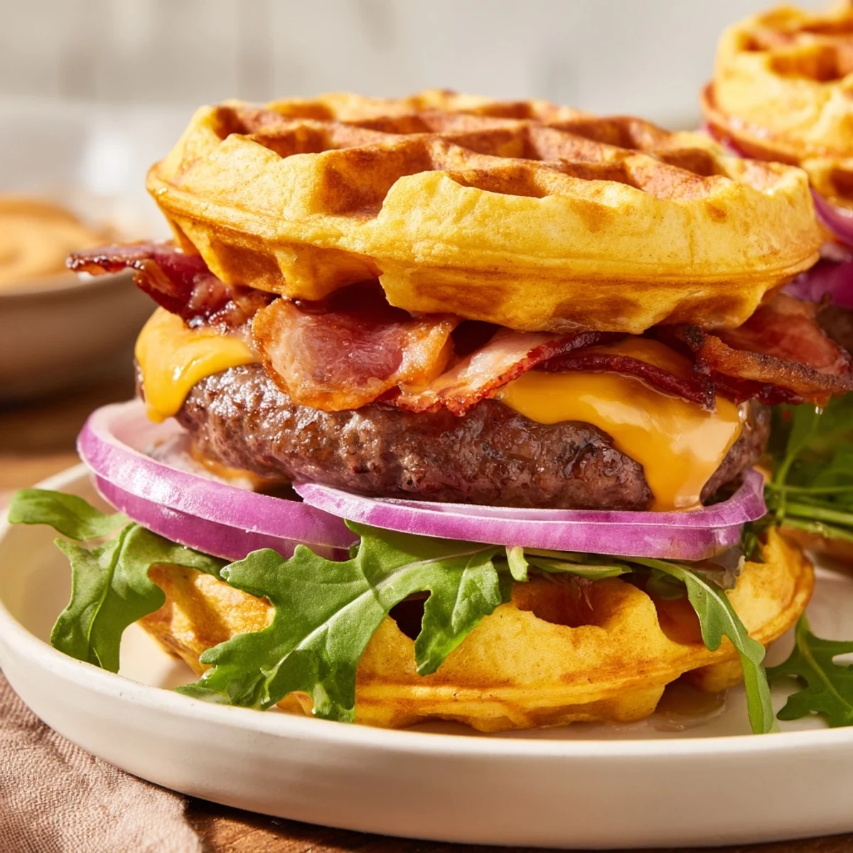 Handheld brunch feast featuring golden waffle bun topped with beef, caramelized bacon, fresh arugula, and maple drizzle