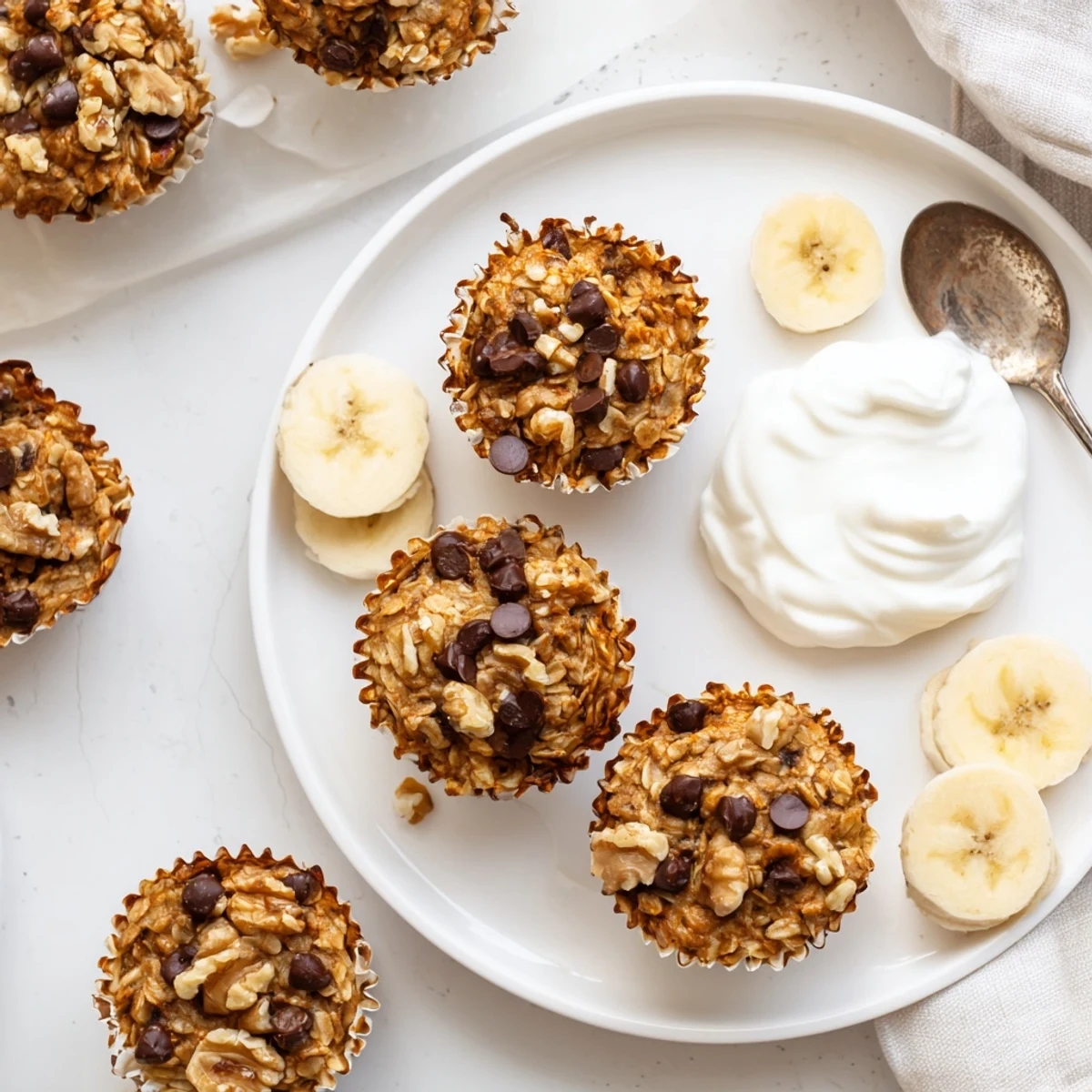 Golden banana baked oatmeal cups topped with a fluffy Greek yogurt swirl