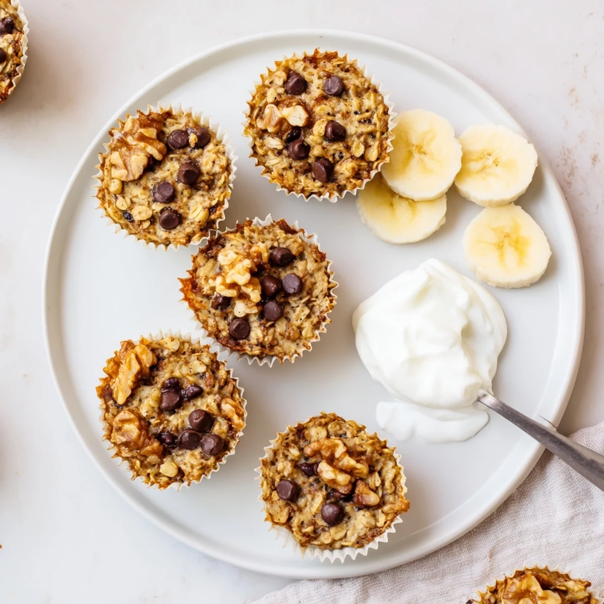 Portable banana baked oatmeal cups with creamy yogurt dollop and ripe banana slices