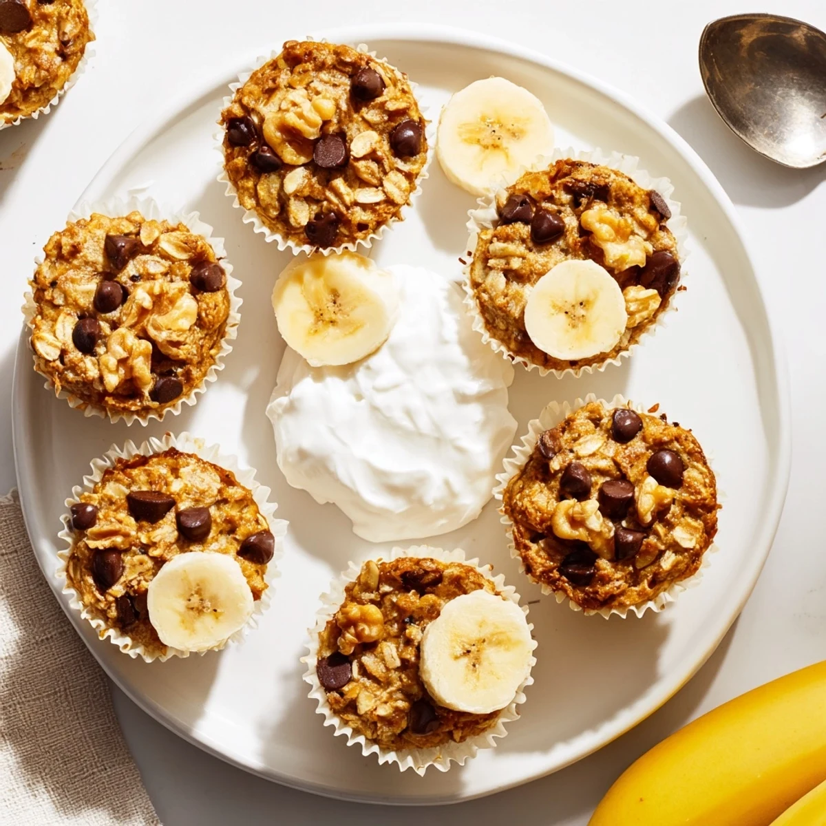 Homemade banana baked oatmeal cups served warm with vanilla Greek yogurt topping