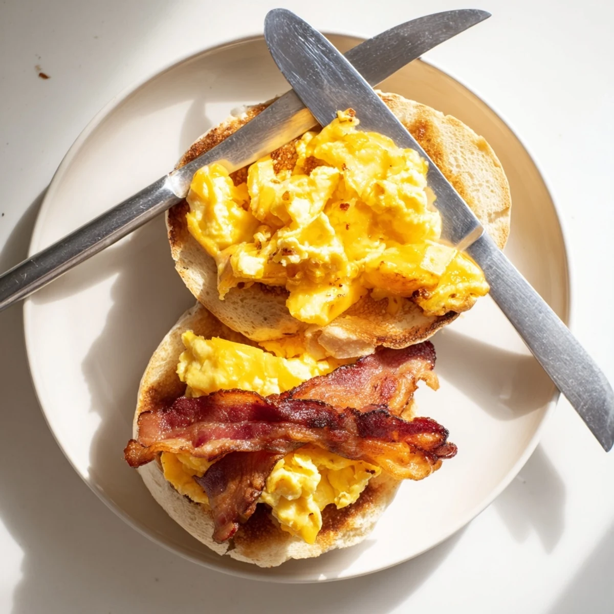 Golden toasted English muffin sandwich with crispy bacon, fluffy scrambled eggs, and melted cheddar cheese on a griddle