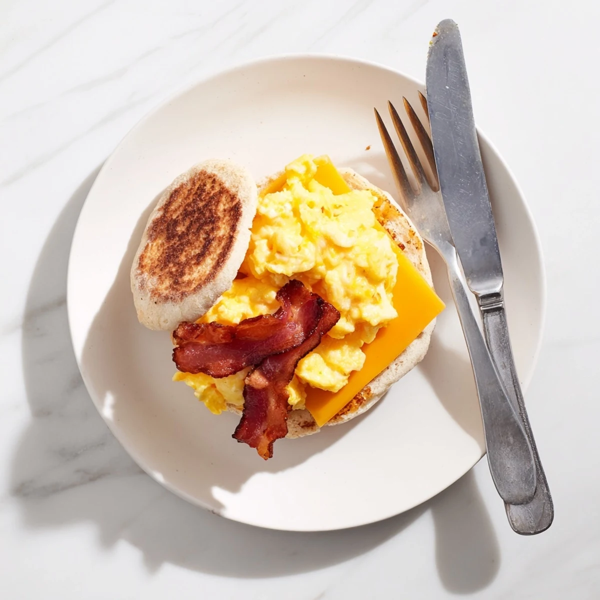 Stacked breakfast sandwiches featuring perfectly cooked eggs, bacon strips, and American cheese nestled inside griddle-toasted English muffin halves