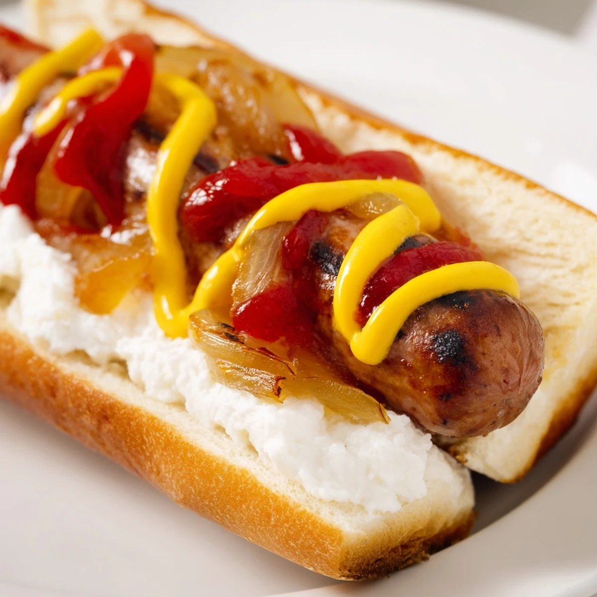 Grilled Seattle hot dogs topped with creamy cheese and caramelized onions in toasted buns