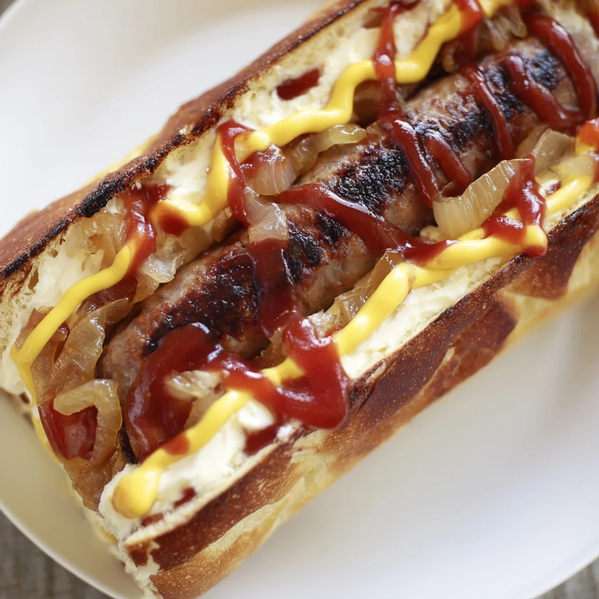 Seattle style hot dogs layered with cream cheese sautéed peppers and classic condiments