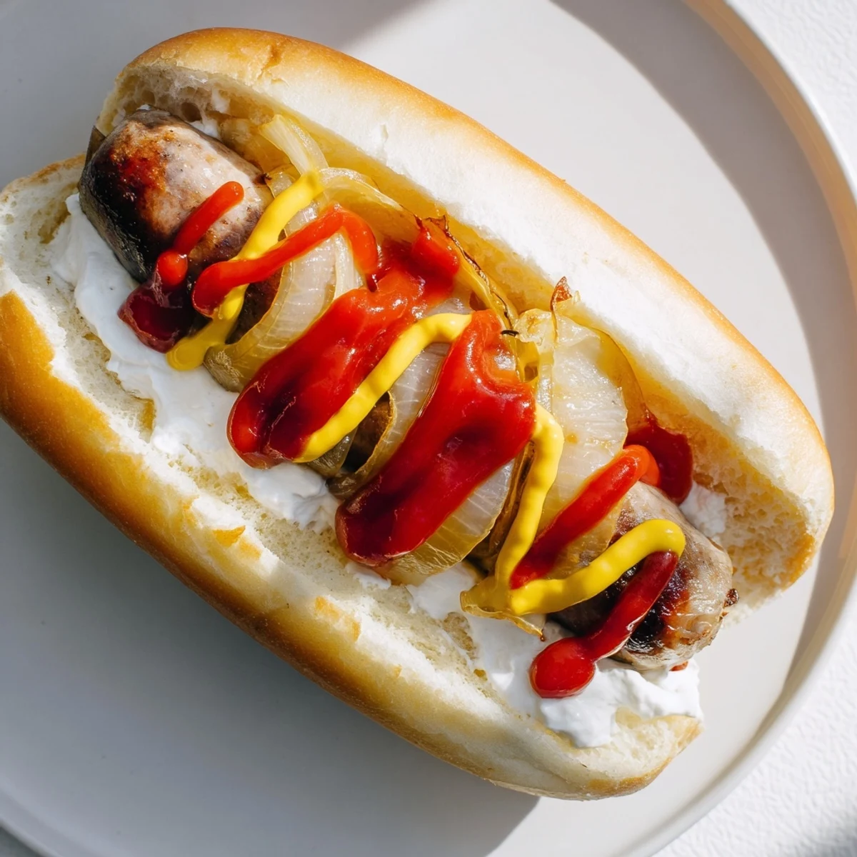 Gourmet Seattle hot dogs featuring grilled sausage cream cheese spread and golden onions