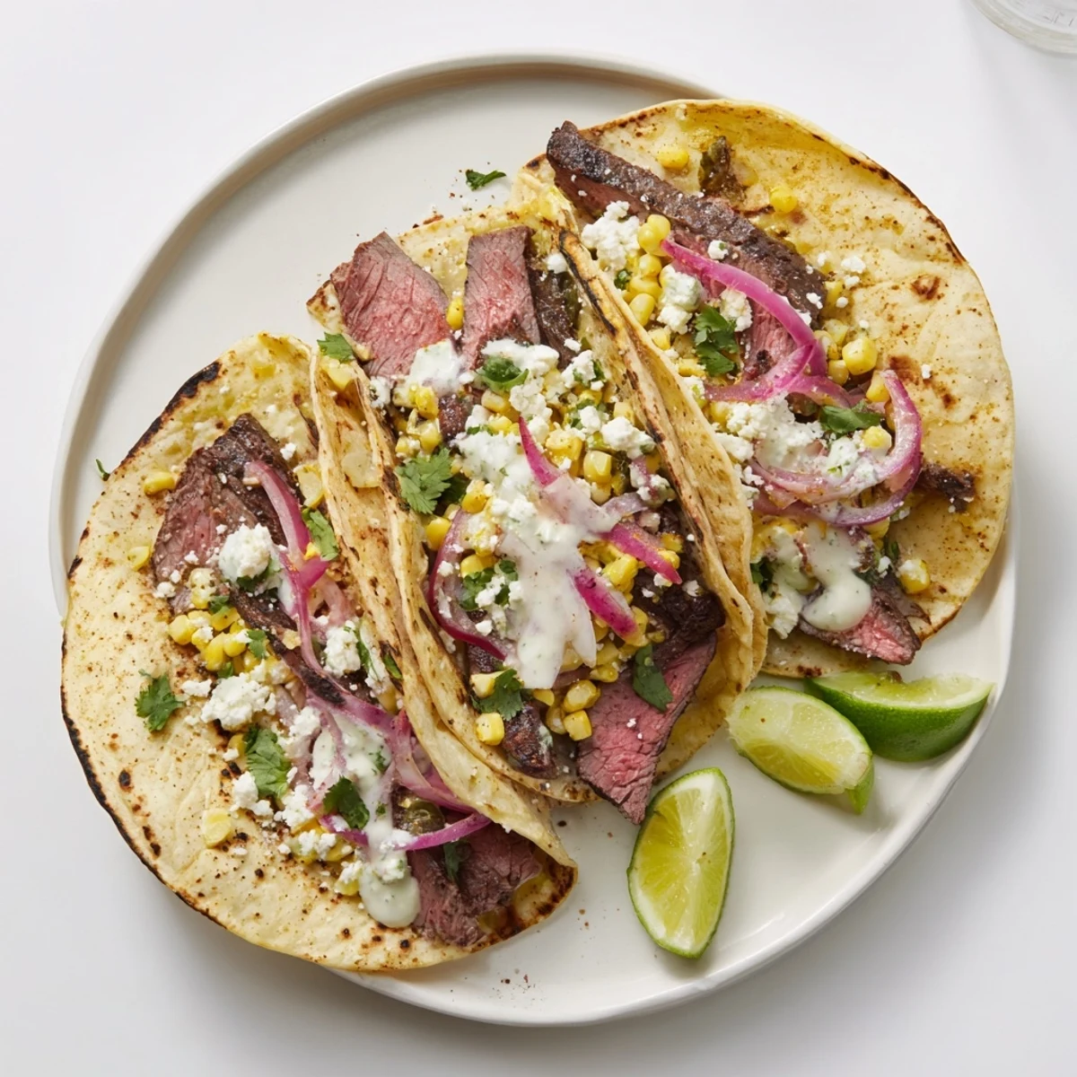 Golden grilled steak elote tacos topped with cotija cheese, cilantro, and creamy lime drizzle