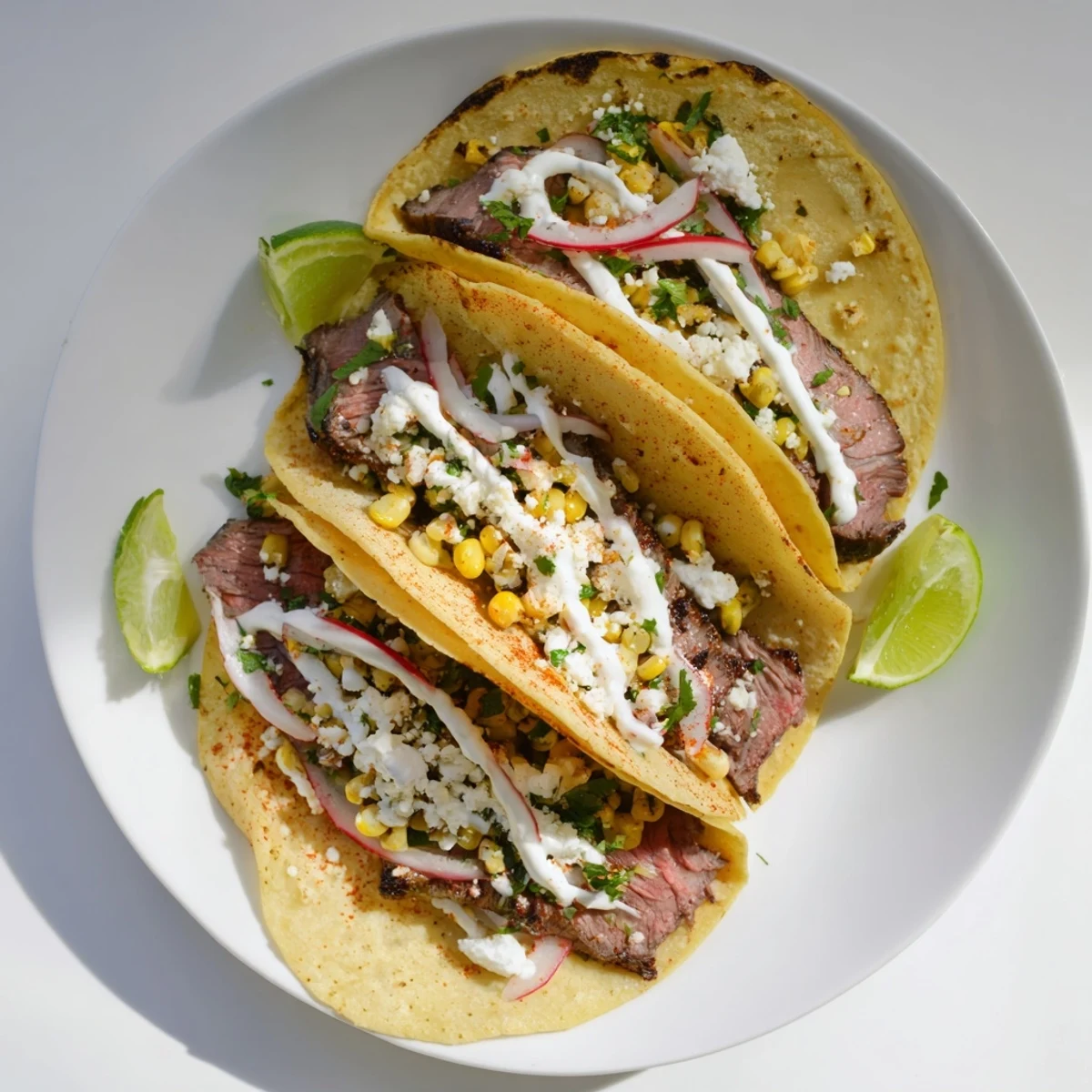 Charred steak elote tacos garnished with red onion, crema, and fresh lime wedges