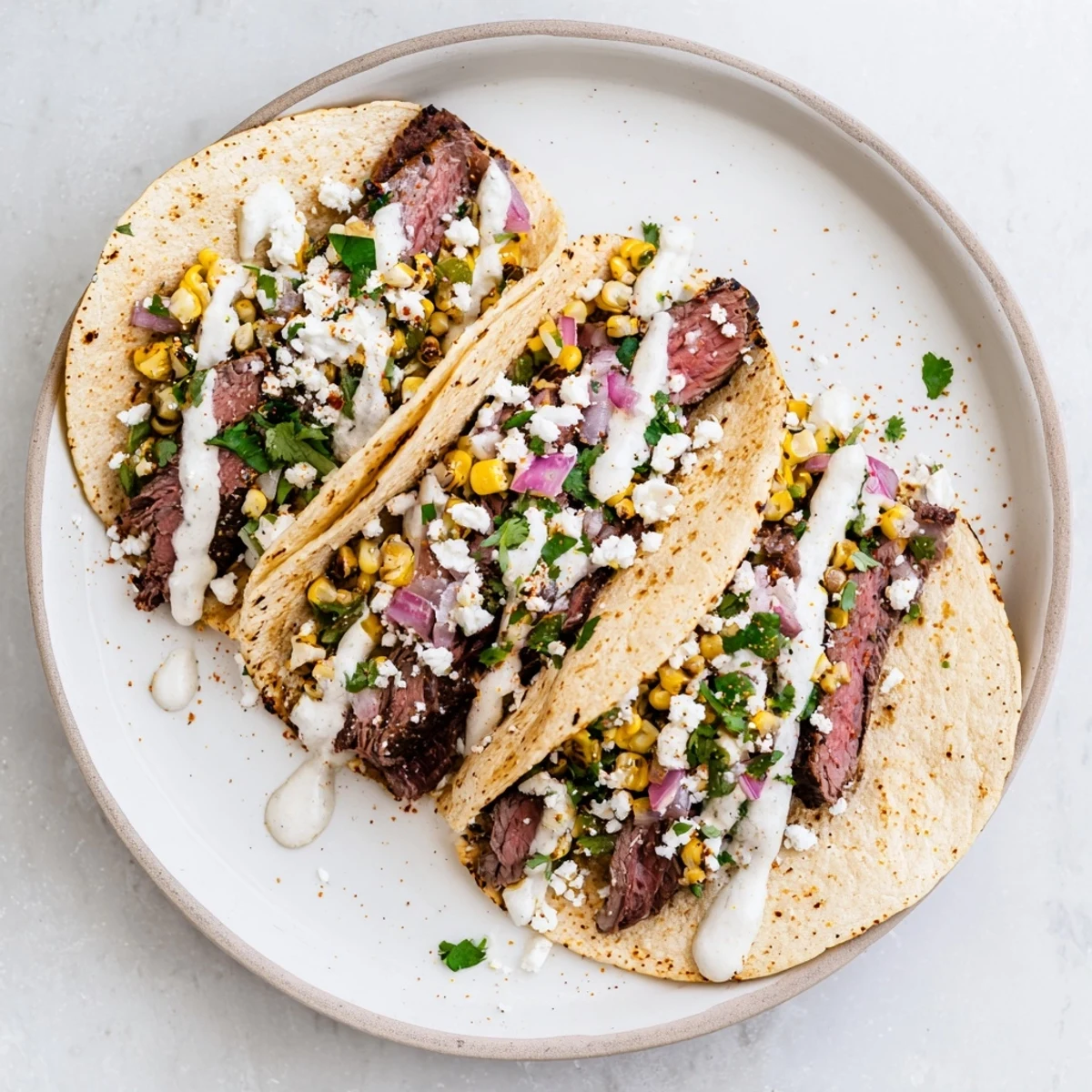 Juicy spiced steak and Mexican street corn tacos served on warm corn tortillas