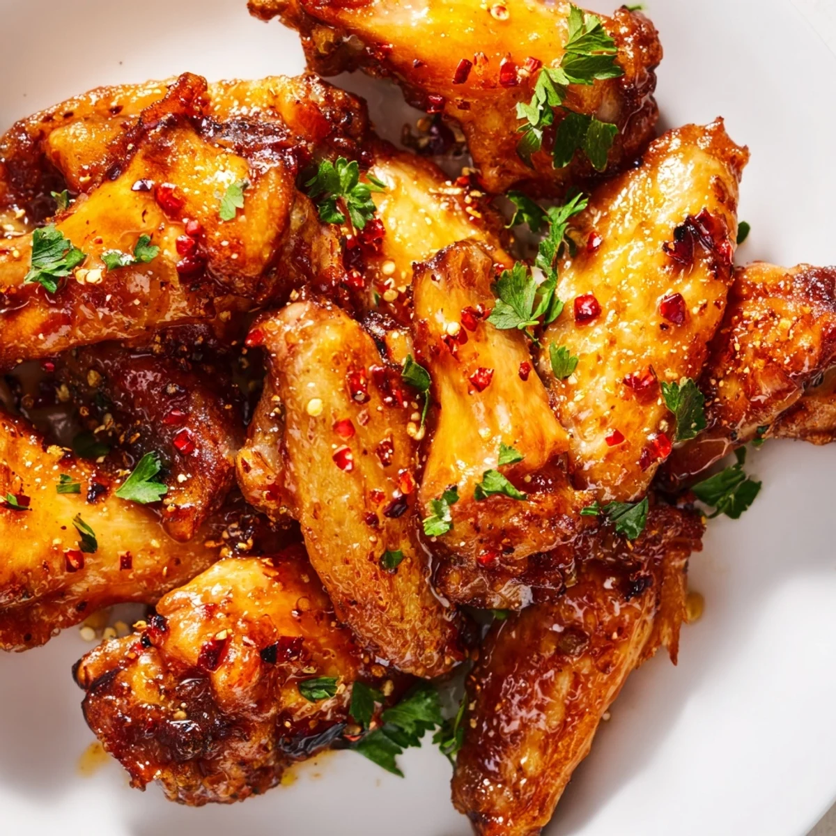 Golden smoked hot honey chicken wings coated in sticky spicy glaze with fresh parsley garnish