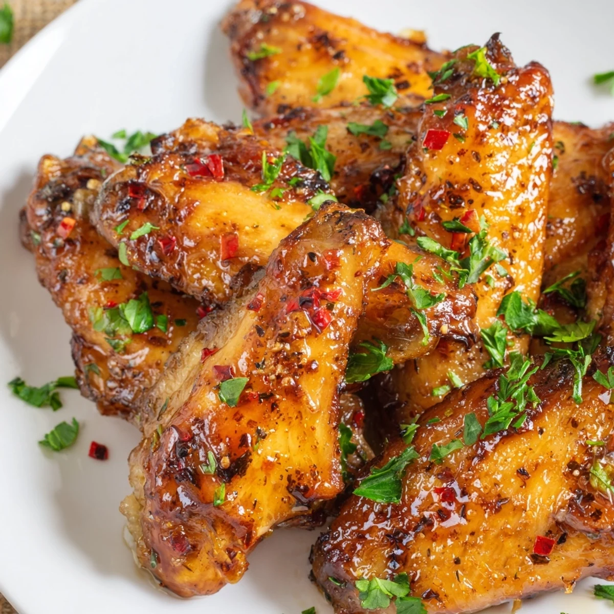 Crispy smoked hot honey chicken wings glistening with sweet heat glaze on serving platter