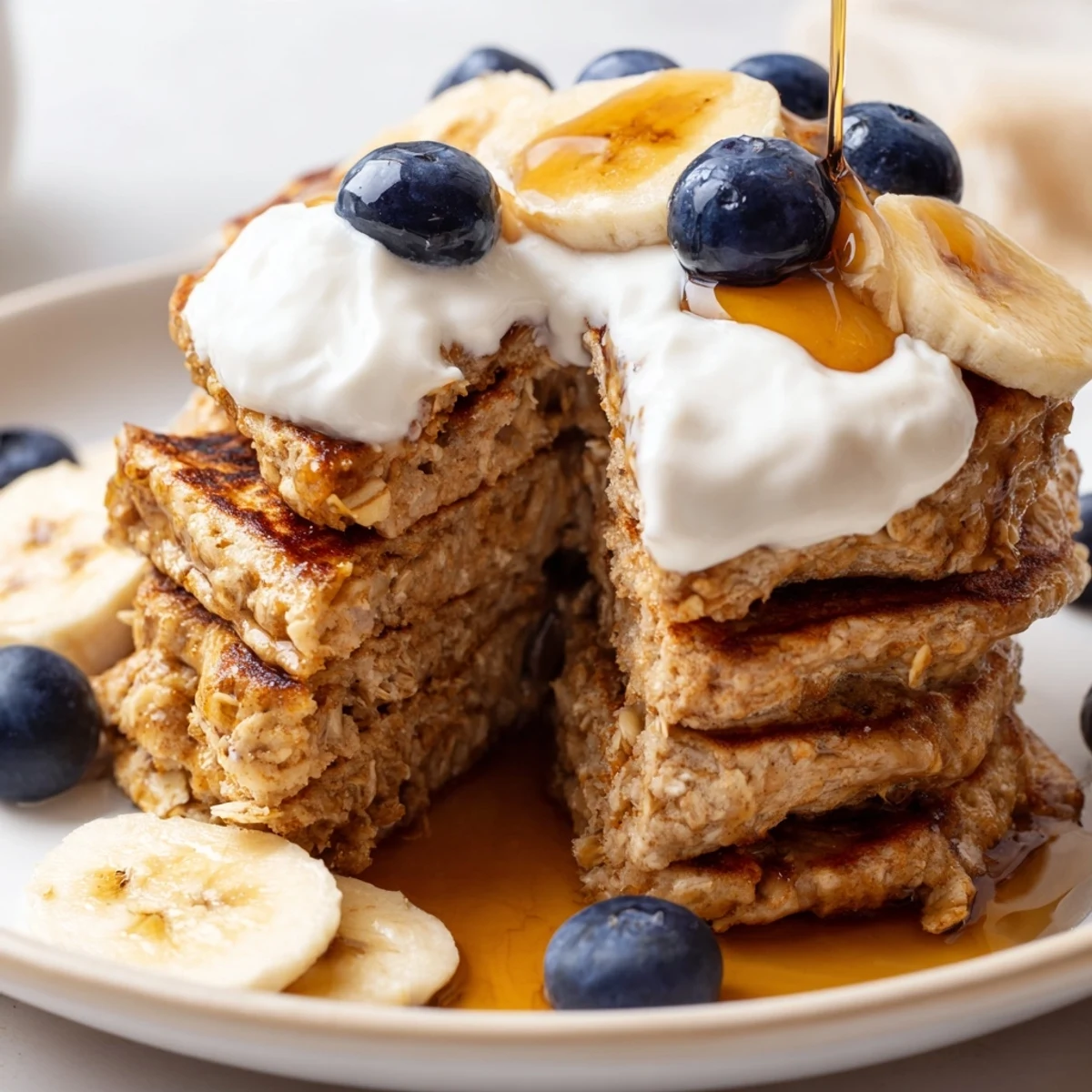 Fluffy banana oatmeal pancakes stacked high topped with creamy Greek yogurt and fresh berries