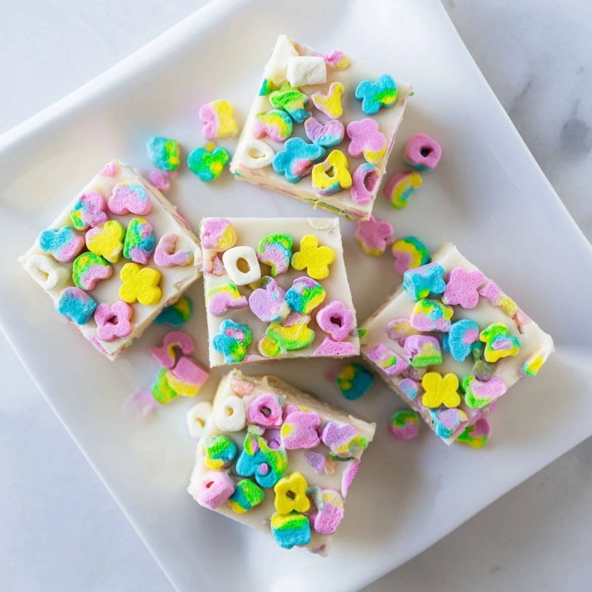 Creamy white chocolate easy Lucky Charms fudge topped with colorful marshmallow bits in a square baking pan