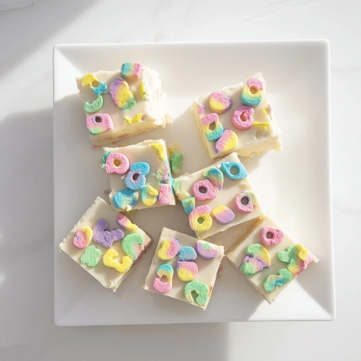 Vibrant easy Lucky Charms fudge squares studded with rainbow marshmallows on a white plate for serving