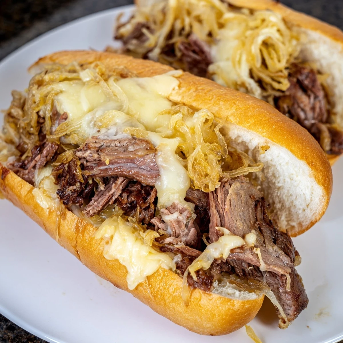 Golden Ultimate Griddled Cheesesteak loaded with juicy ribeye beef and gooey cheese on buttered roll