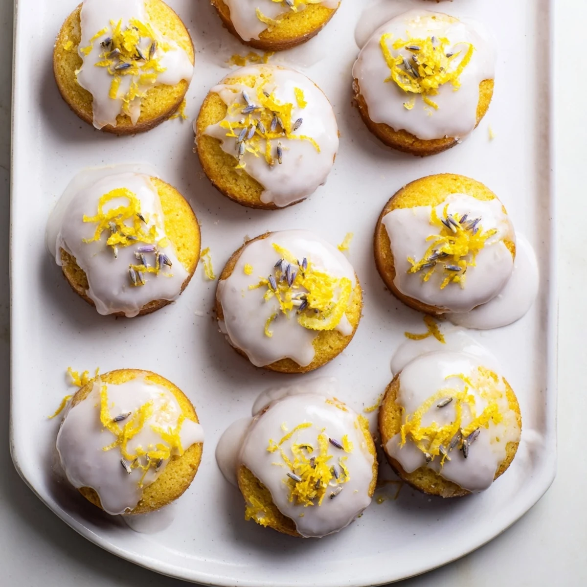 Golden mini lemon cakes with lavender glaze drizzled over the tender crumb