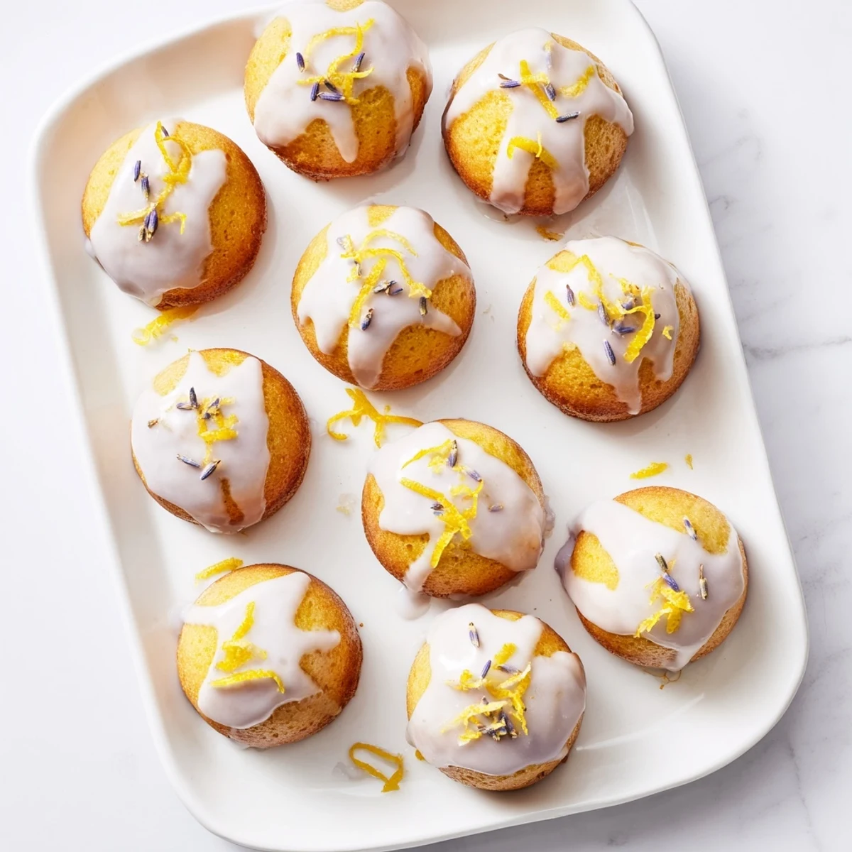 Freshly baked mini lemon cakes topped with purple lavender glaze and lemon zest