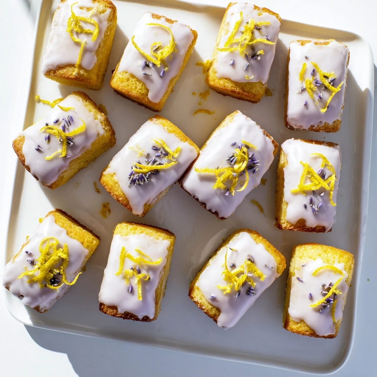 Delightful mini lemon cakes with fragrant lavender glaze on a white serving plate
