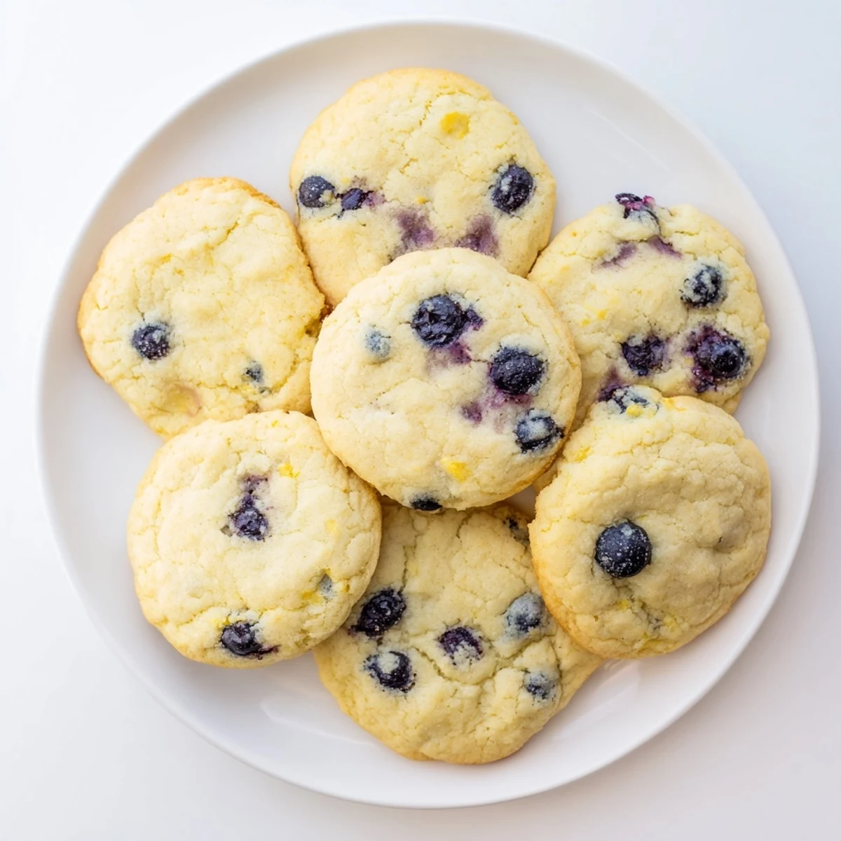 Golden lemon blueberry cheesecake cookies topped with fresh blueberries on a white plate