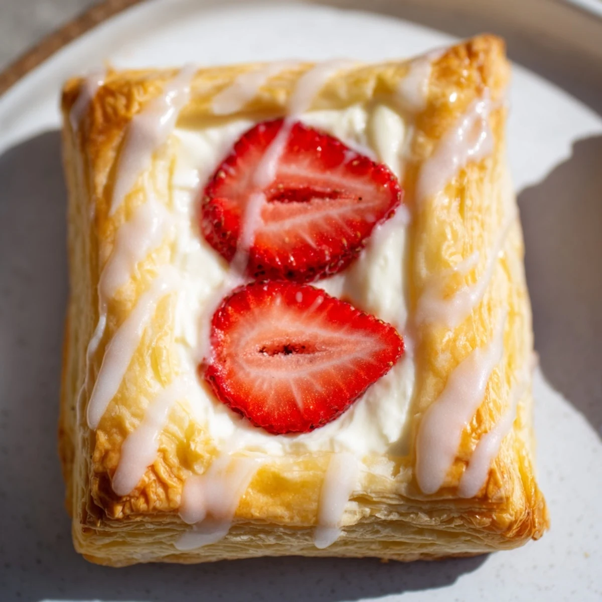 Flaky puff pastry squares filled with creamy cheese and juicy sliced strawberries, dusted with powdered sugar
