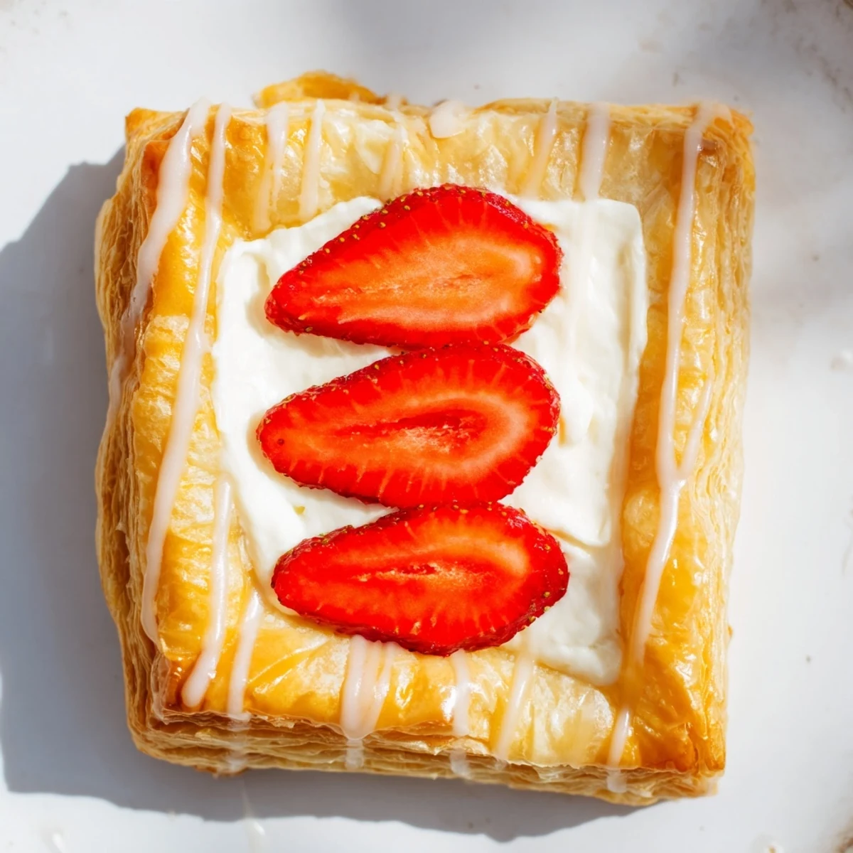 Golden baked strawberry danishes topped with fresh red berries and sweet vanilla glaze on a white plate