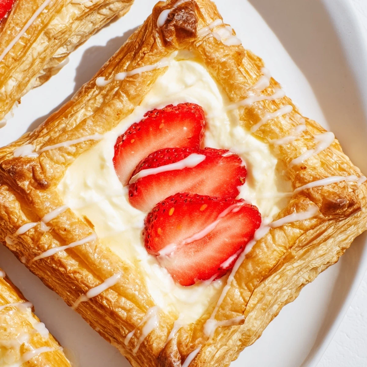 Homemade strawberry danishes with golden edges, oozing cream cheese filling and glossy strawberry topping