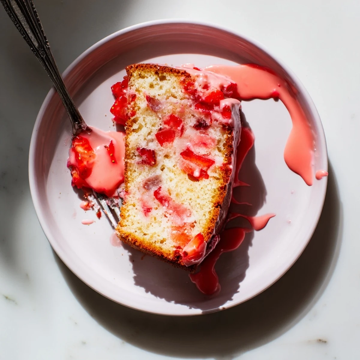Golden slice of homemade strawberry pound cake topped with sweet pink strawberry glaze