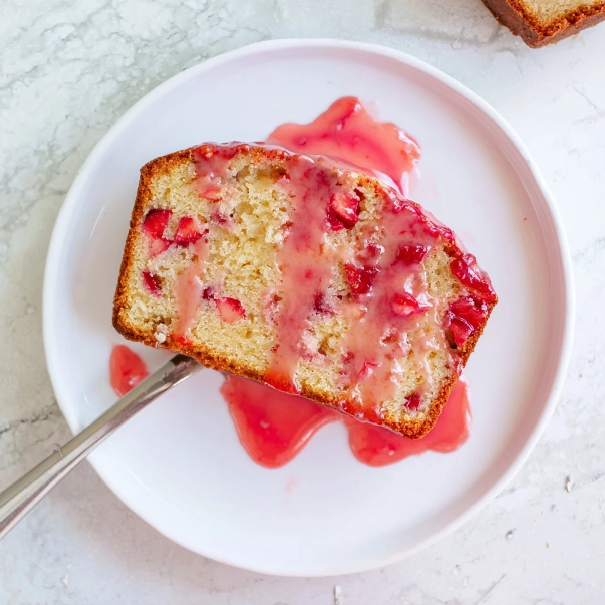 Vintage white plate displaying glazed strawberry pound cake slice with fresh strawberry garnish