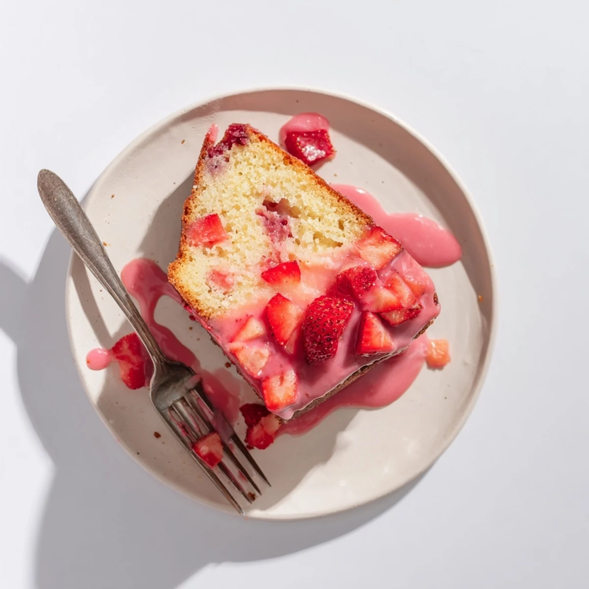 Moist buttery strawberry pound cake loaf speckled with fresh diced red berries