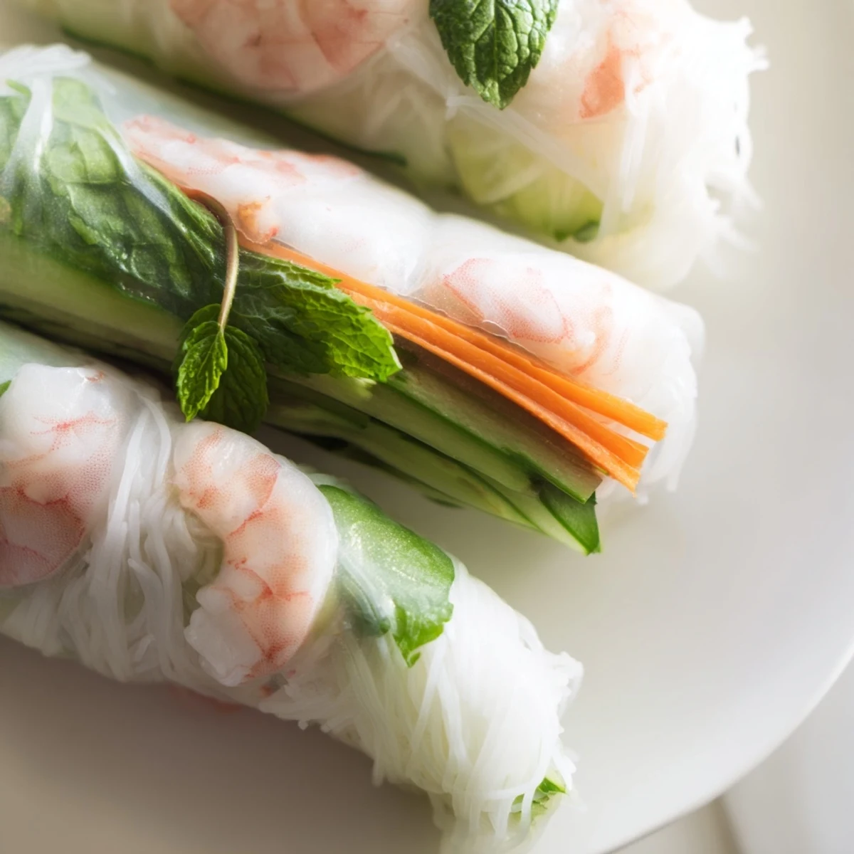 Vietnamese spring rolls featuring mint, cilantro, cucumber, and carrots served alongside creamy peanut dipping sauce