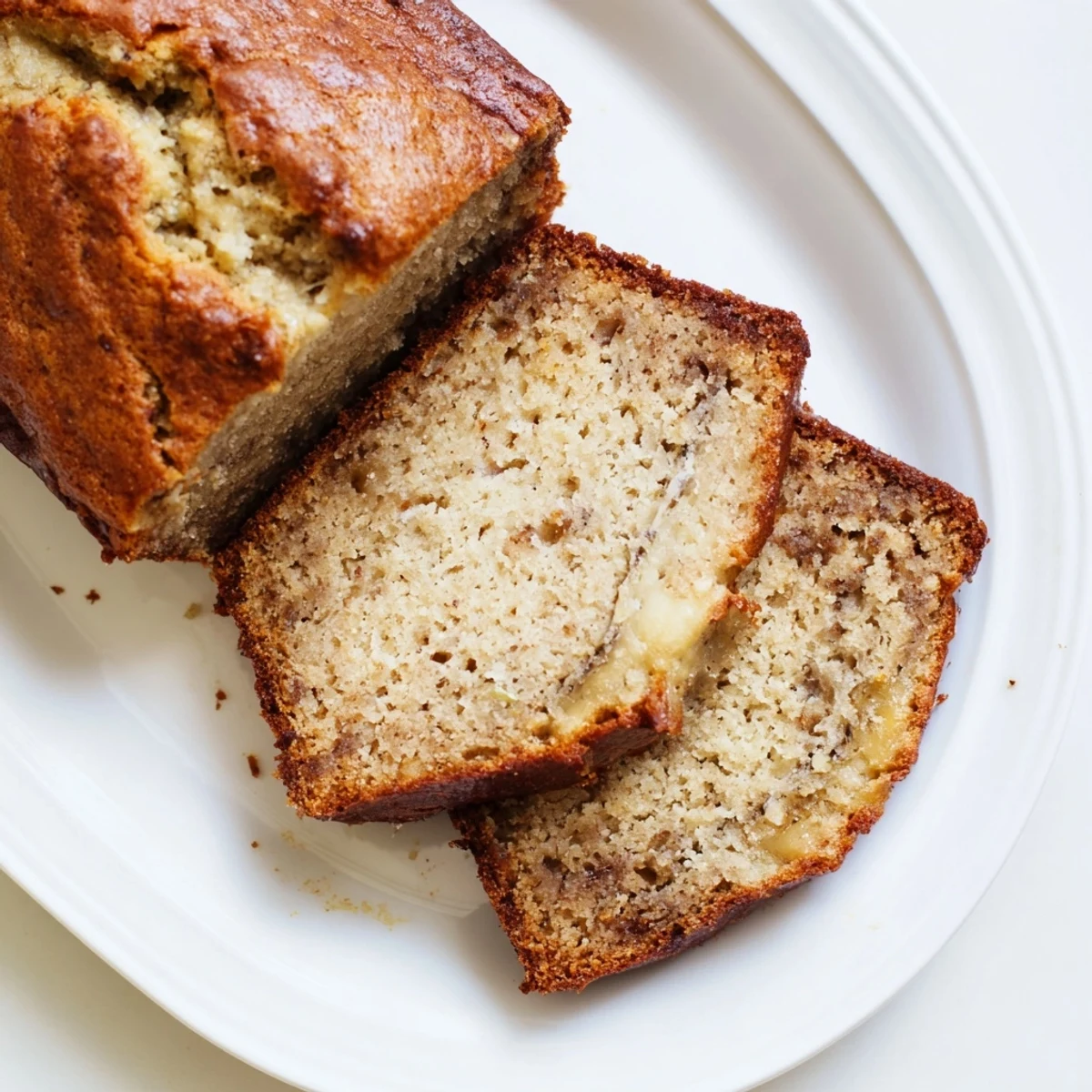 Soft homemade banana bread slice topped with melting butter on a vintage white ceramic plate