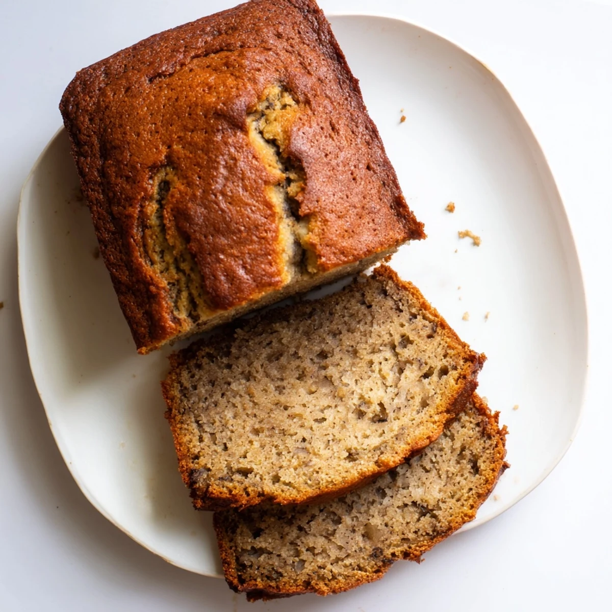 Freshly baked moist banana bread loaf cooling on wire rack with golden crust and dark banana specks