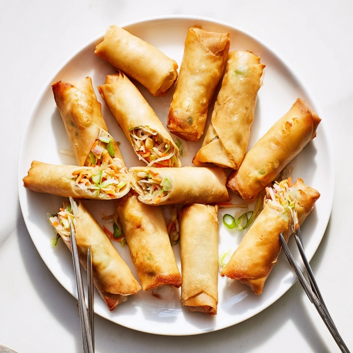 Golden crispy spring rolls with vegetable filling served on white plate