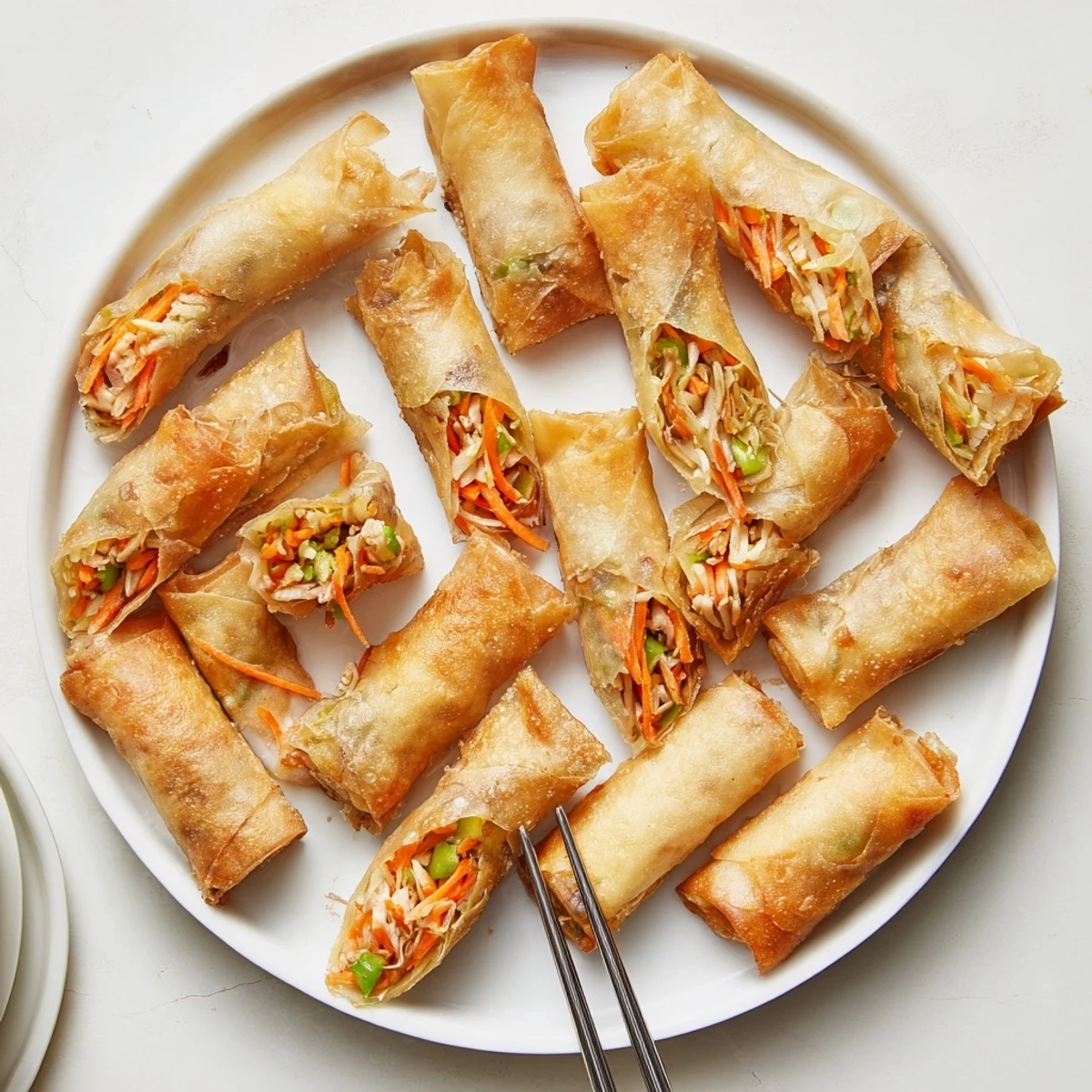 Handheld crispy spring rolls showcasing golden fried texture and vegetable filling