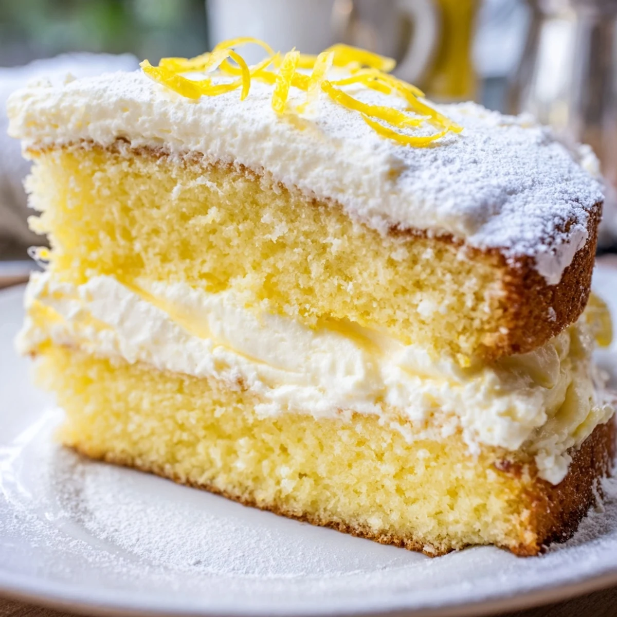 Golden Italian Lemon Cream Cake layered with tangy mascarpone filling and dusted with snowy powdered sugar