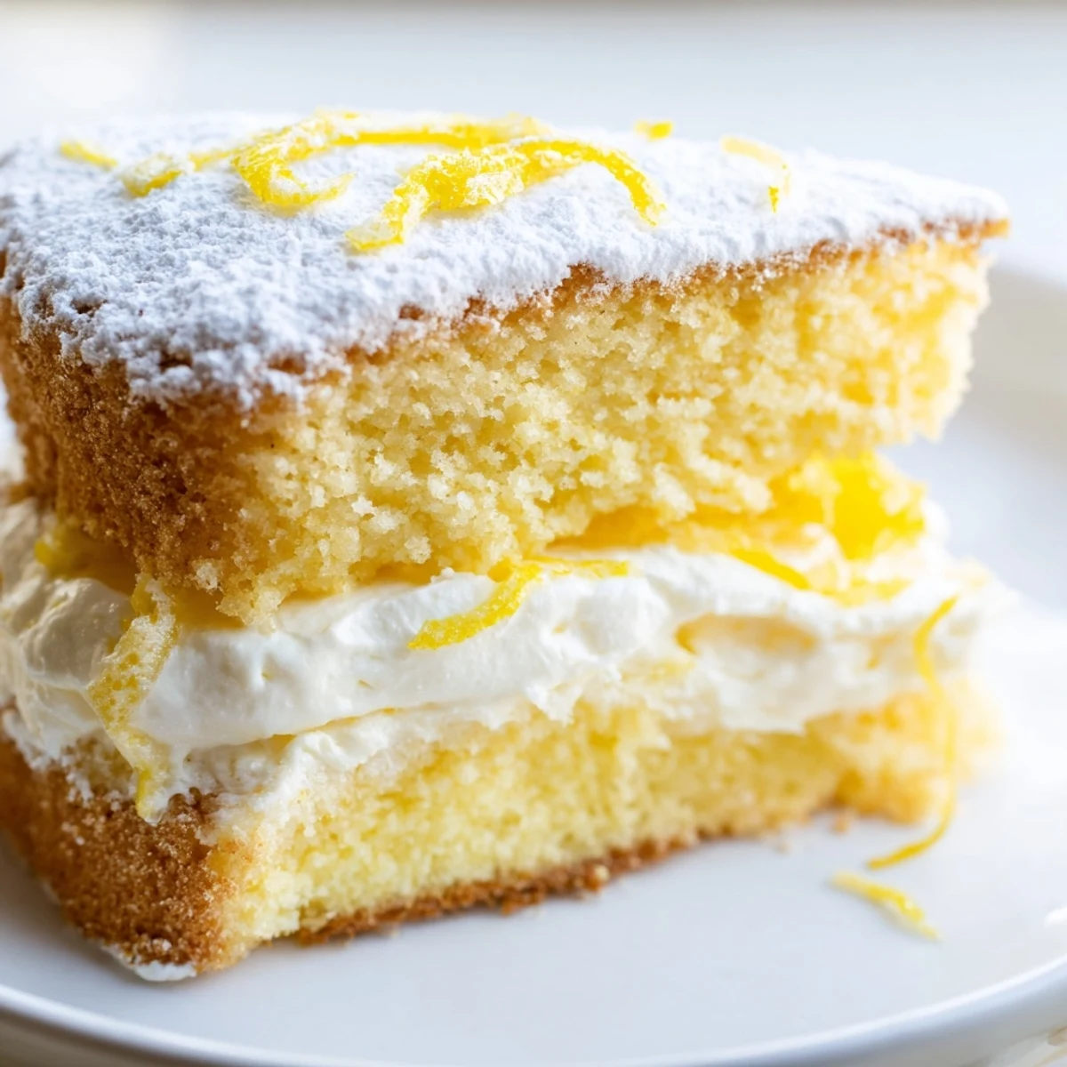 Two-tier lemon sponge cake filled with fluffy lemon cream and topped with fresh citrus zest garnish
