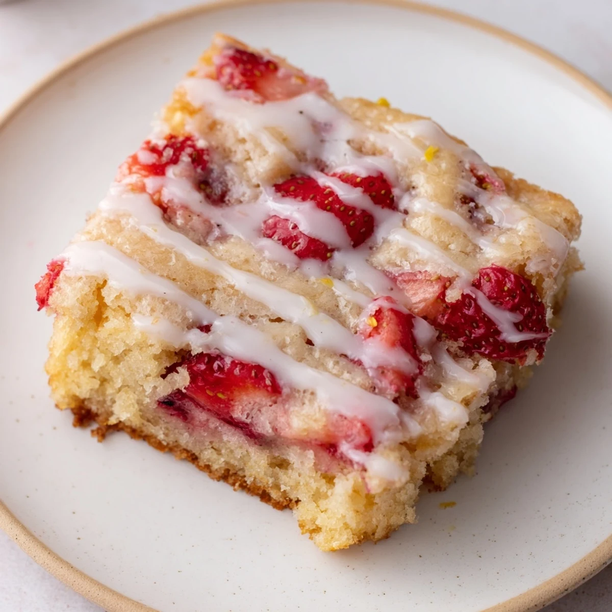 Golden strawberry lemon blondies topped with white glaze and fresh strawberry pieces