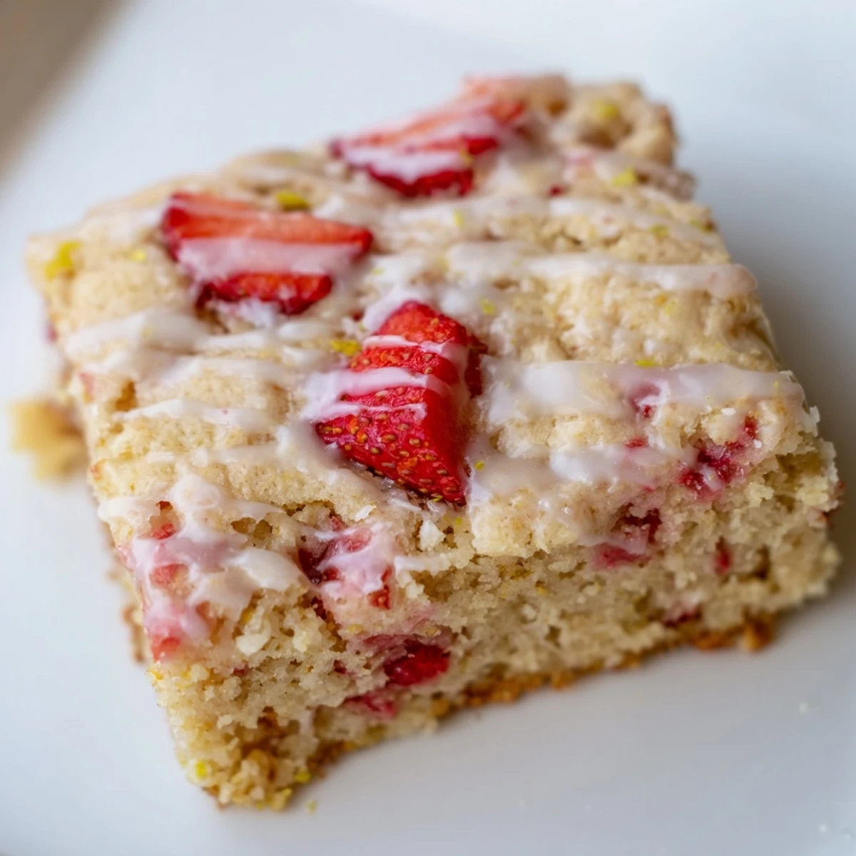 Chewy lemon glazed blondies scattered with juicy red diced strawberries on a white plate