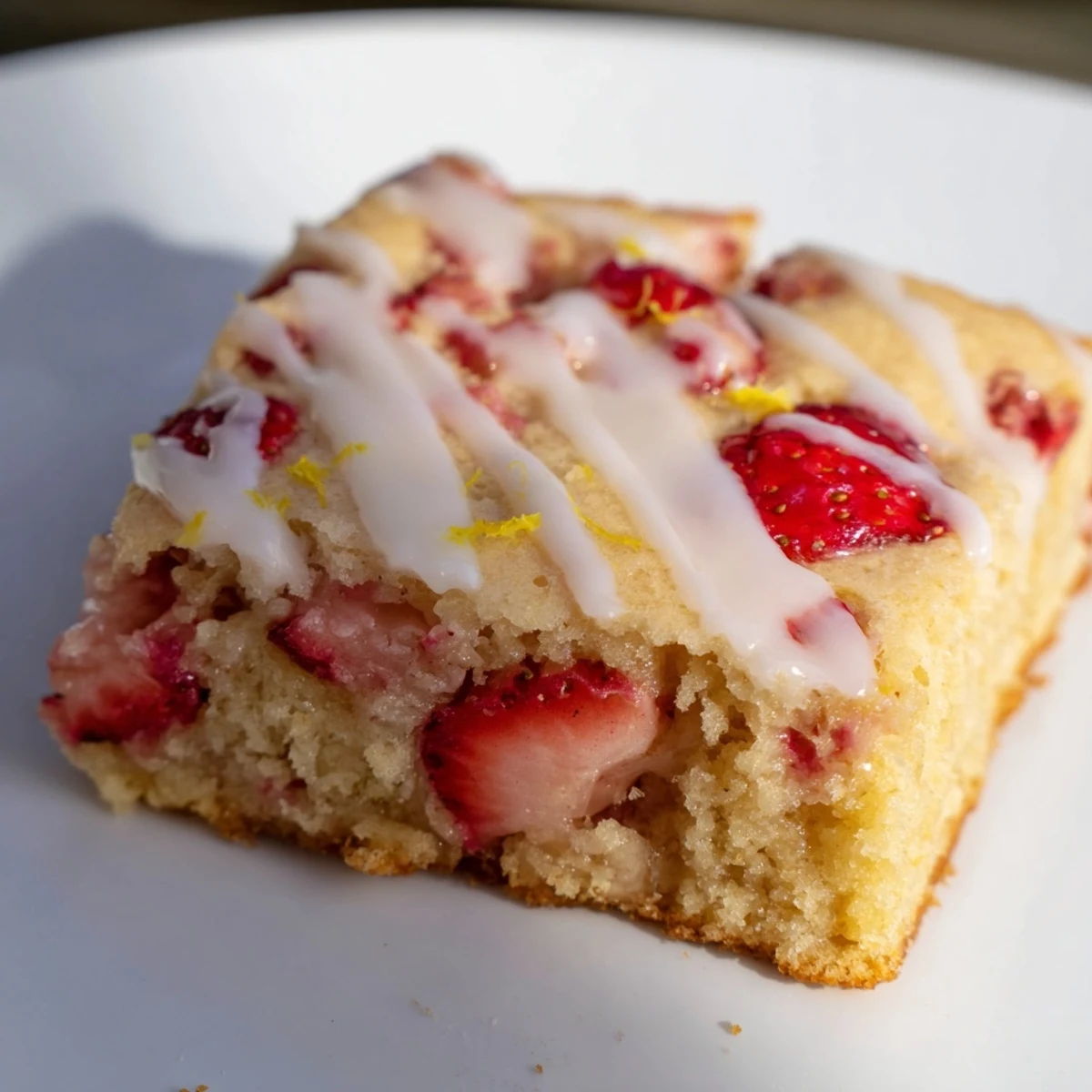 Square strawberry lemon blondies drizzled with tangy white icing and fresh berry chunks