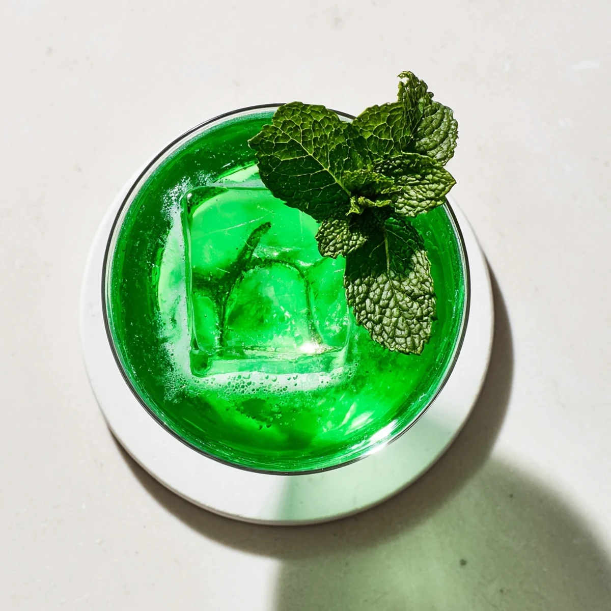Vibrant emerald-green Luck of the Irish Cocktail garnished with fresh lemon twist and ice